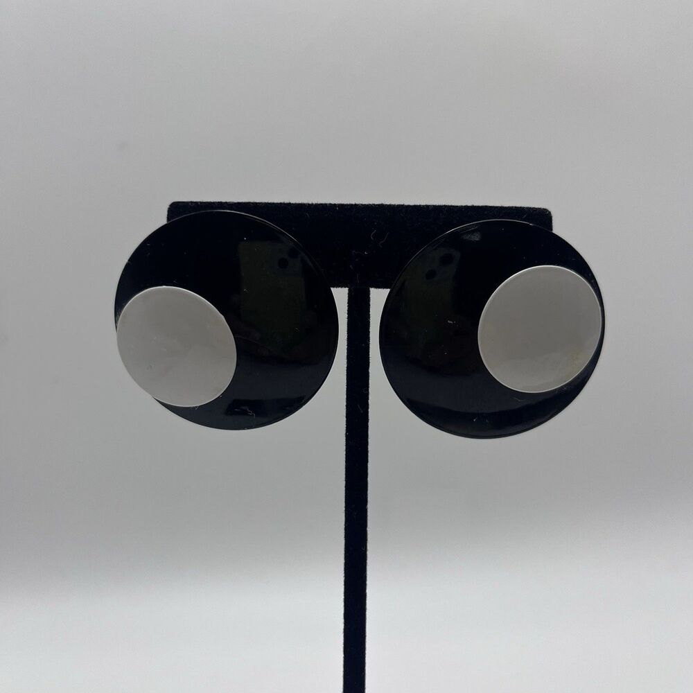 Vintage Black White Tone 80s Runway Earrings Oversized Modernist Disc Pierced